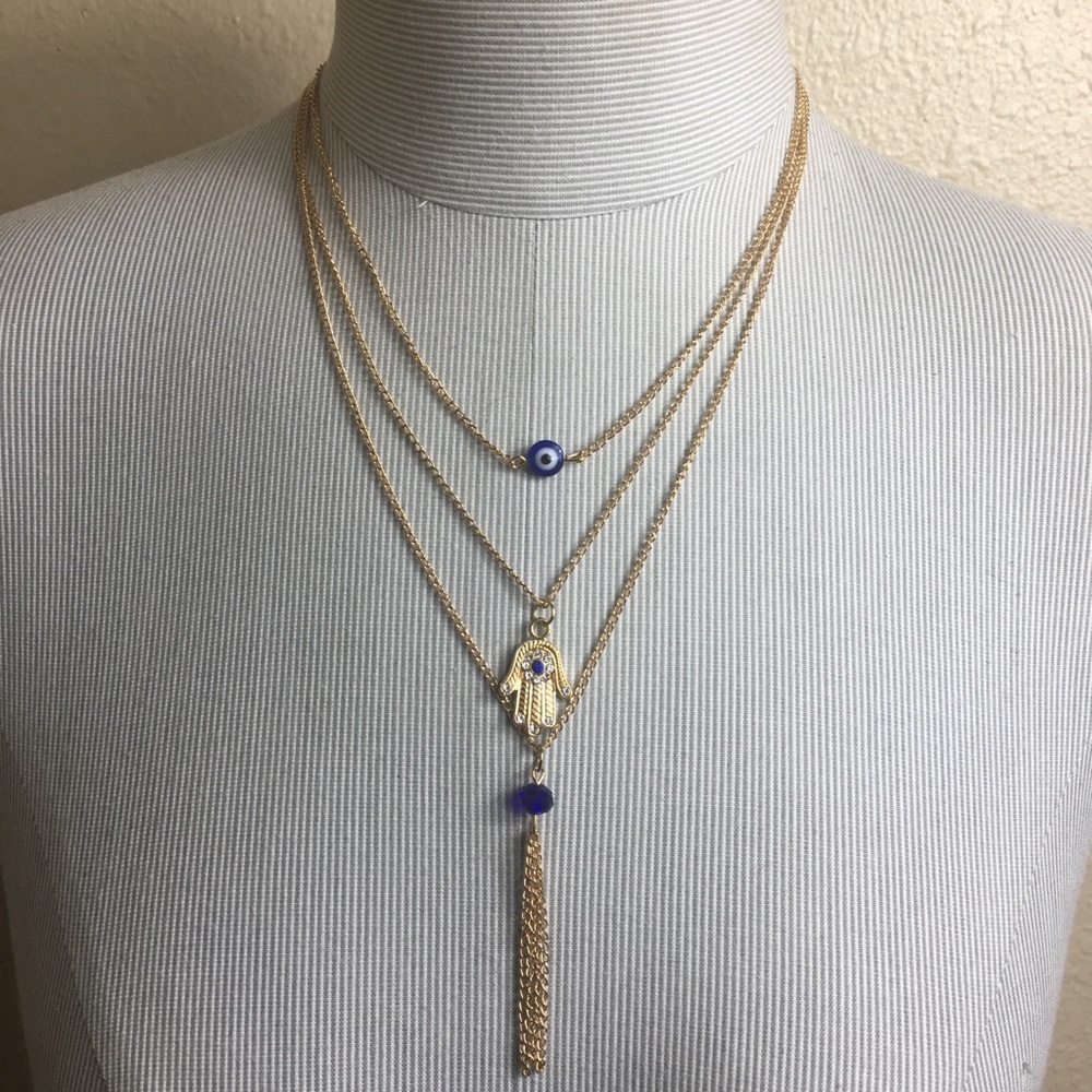 Multi layer gold evil eye long necklace